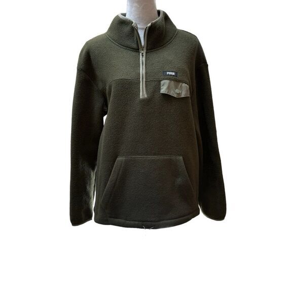 PINK Victoria Secret‎ Quarter Zip Pullover Fleece Jacket Olive Green Pocket - Picture 1 of 7
